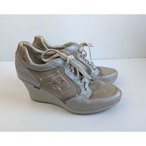Nero Giardini Women's Sneakers 40 (US 9.5) Italy Wedge Leather Suede Lace Beige